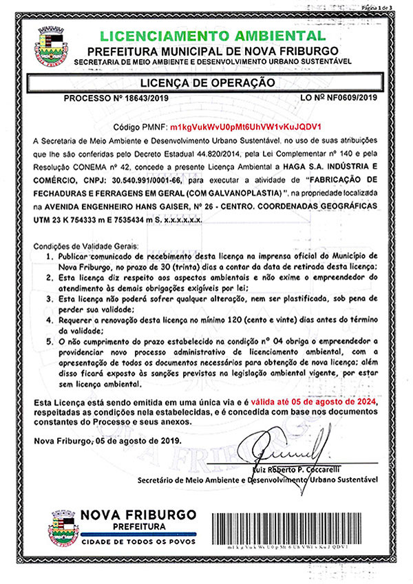 Licença de Operação LO Nº NF 0609/2019 - PROCESSO Nº 18643/2019 - VALIDADE: 05/08/2024