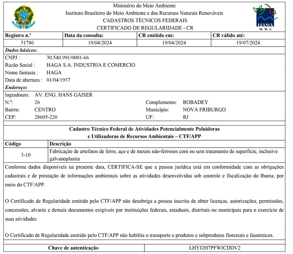 Certificado de Regularidade IBAMA - VALIDADE: 22/05/2022